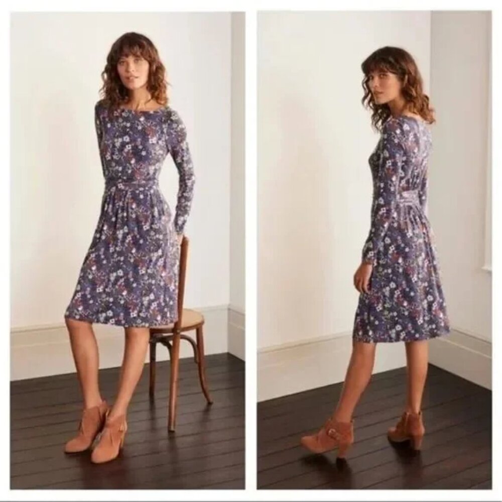 Boden Abigail Jersey Dress 14L Pewter Garden Meadow Floral Long Sleeve Pockets - Picture 2 of 6